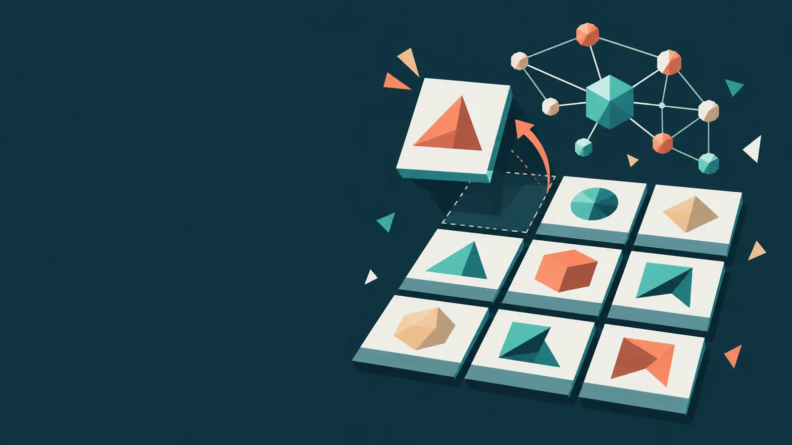 A grid of product cards being rearranged by a network of connected nodes, one card lifting to the top, drawn in flat geometric shapes